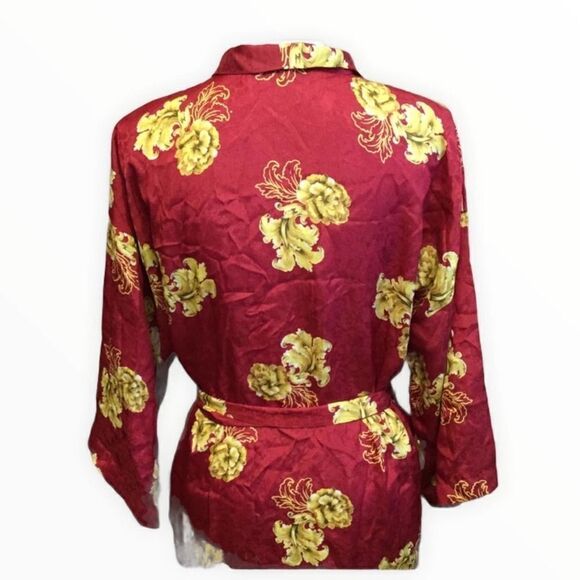 Vintage Victoria’s Secret Crown Label Floral Cranberry Gold Wrap Short Robe - Picture 2 of 4